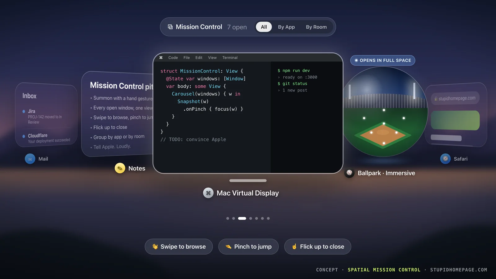Concept mockup of a Mission Control view in Apple Vision Pro showing open windows as a curved carousel, with an immersive baseball app shown as a glowing orb